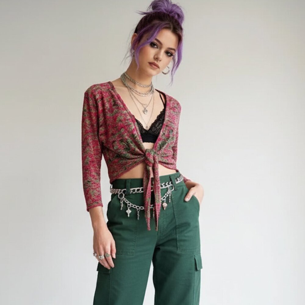 Vintage Pleat Pleat by Rafael Crinkled Tie-Front Cardigan | Pink & Green | M